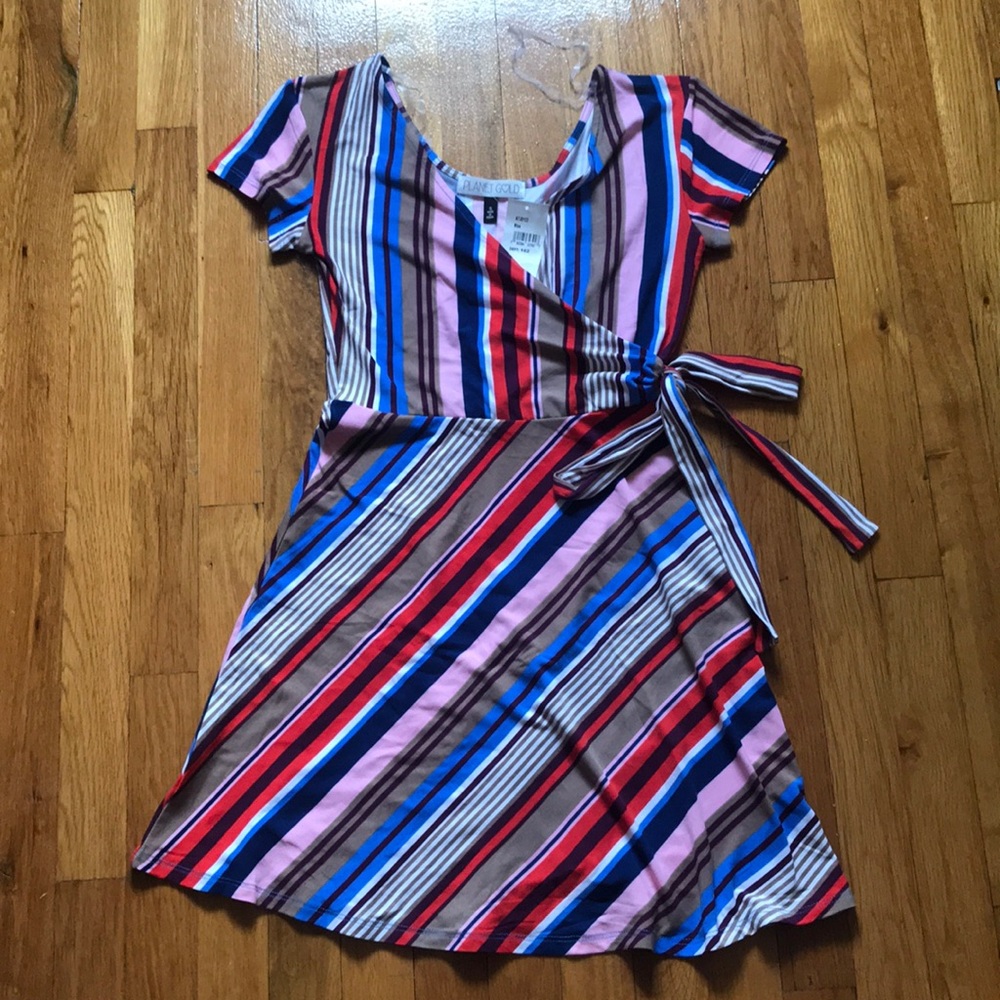Colorful lines skater faux wrap dress
